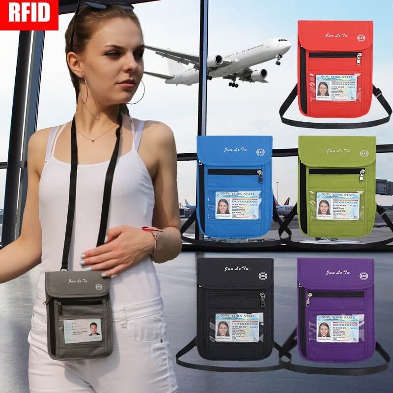 RFID Blocking Travel Passport Holder Neck Wallet Pouch Travel Document Organizer Purse